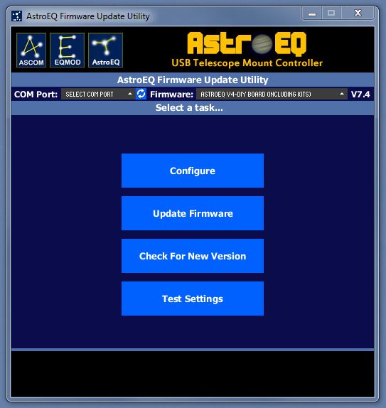  AstroEQ Update Utility Home Screen